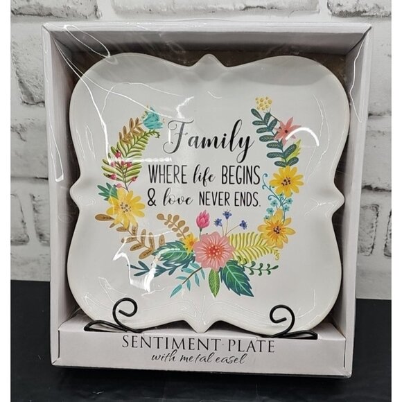 New 7x7" White Home Blessings Family Sentiment Plate w/ Metal Easel Gift Decor - Picture 1 of 5